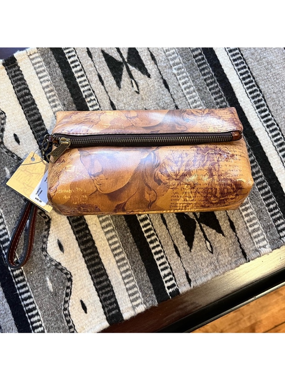 Patricia Nash Brown Tan Vintage Map Leather Wristlet Toiletry Bag